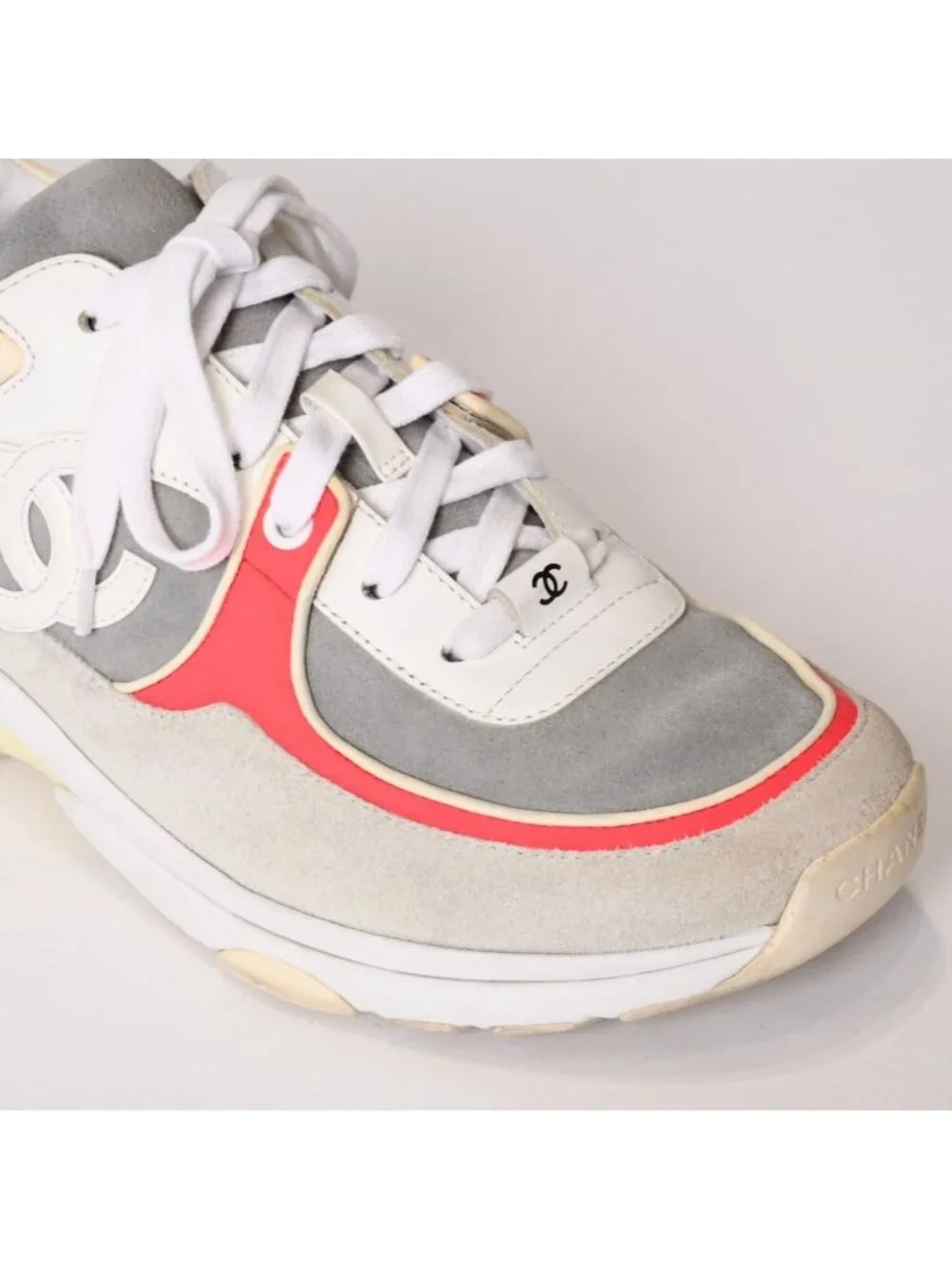 Chanel CC Logo Suede Sneakers White Gray